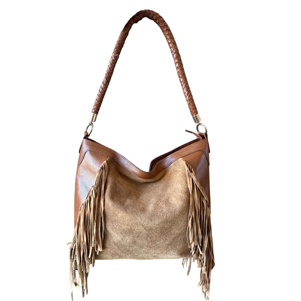 Scully Brown Leather Suede Fringe Hobo Shoulder Bag Braided Strap Western Boho